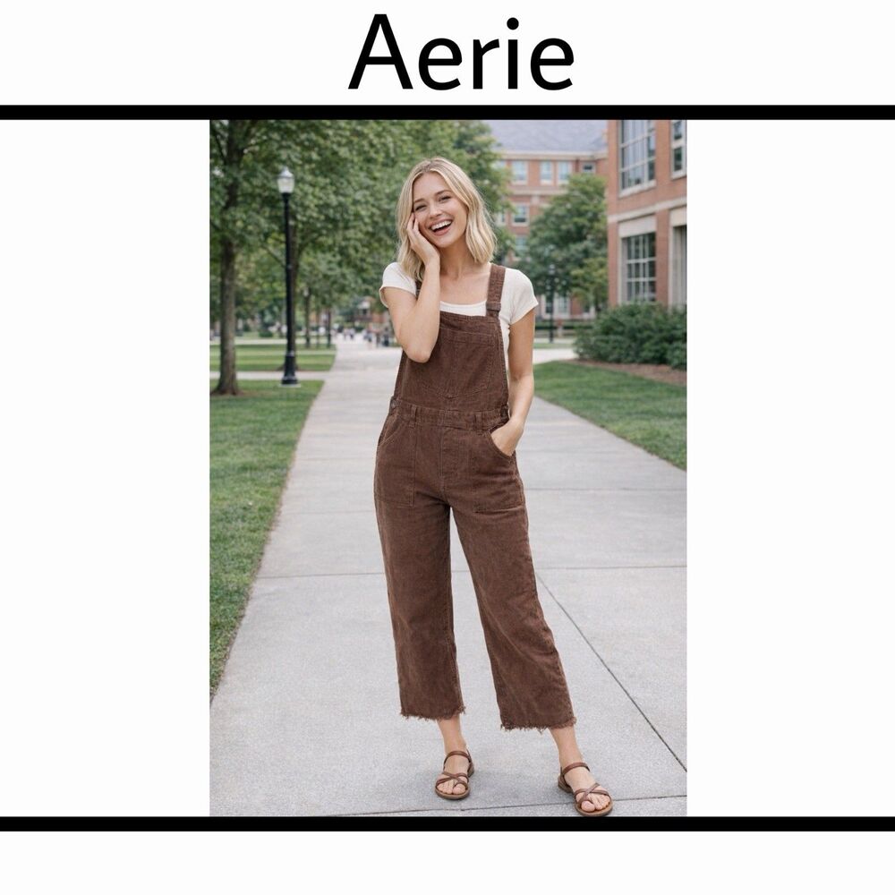 Aerie Corduroy Overalls Brown Straight Leg Cropped Werk & Play Raw Hem Women XS